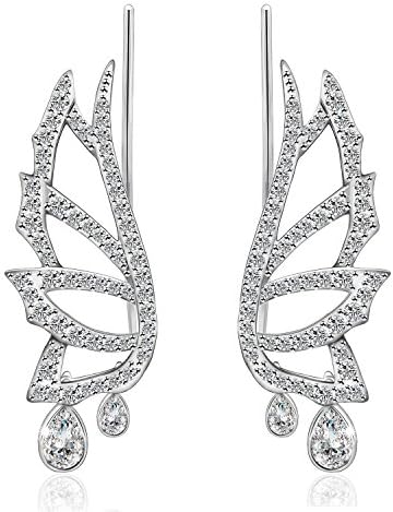 925 Sterling Silver Earrings Wings for Women Ear Climbers Cuff Pins CZ Hook Jewellery Gifts