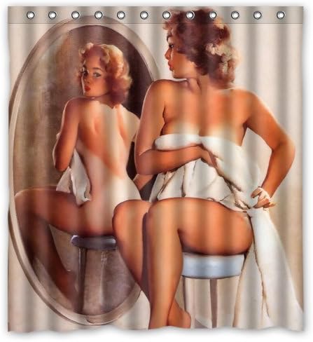 Hensu Sexy Bathroom Art Shower Curtain Pretty Naked Girl in Front of the Mirror - Vintage Retro Pin Up Girls Body Art Work Canvas Painting Style Waterproof Polyester Fabric 66(w)x72(h) Rings Included
