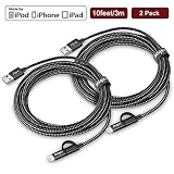 2Pack Miger 2.4A Multi Fast Charging Cord, MFi Certified 10Ft/3M Nylon Braided 2 in 1 Multiple USB Charger Cable with Lightning/Micro USB for iPhone Xs Max/XR/X/iPad/iPod/Samsung/Kindle and More