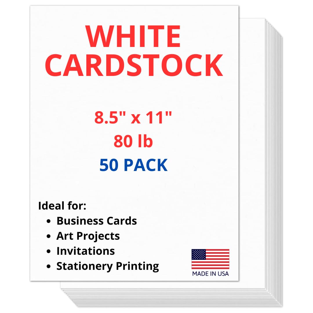 Photo 1 of 50 Sheets of Heavyweight White Cardstock Ideal for Business Cards, Art Projects, Invitations, and Stationery Printing | 80 lb Weight | 8.5 x 11 inches | Thick Cover Stock (216 gsm) |