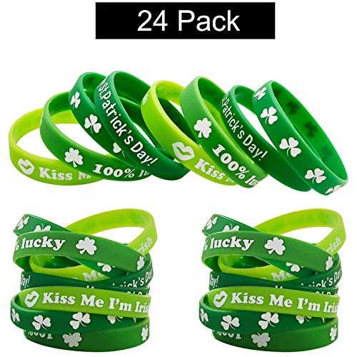 Nanny's Toy 24 Pack St Patrick’s Day Bracelets, Soft and Flexible Silicone Wrist Band Bracelets, Green Shamrock Party Decoration, St Patrick’s Day Celebration Favor Gift