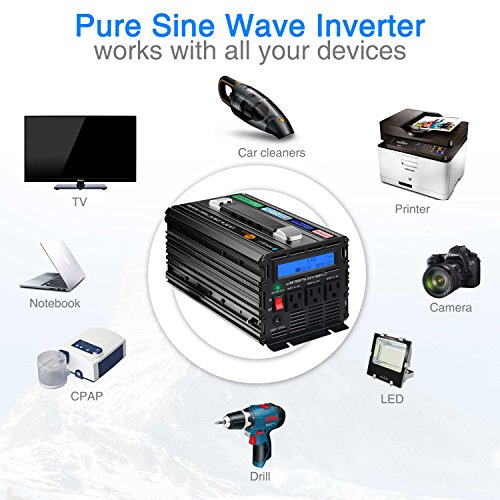 novopal 1000W Pure Sine Wave Power Inverter 3 AC Outlets DC 12V to AC 120V with Remote Control, Big LCD Display(Surge 2000W)