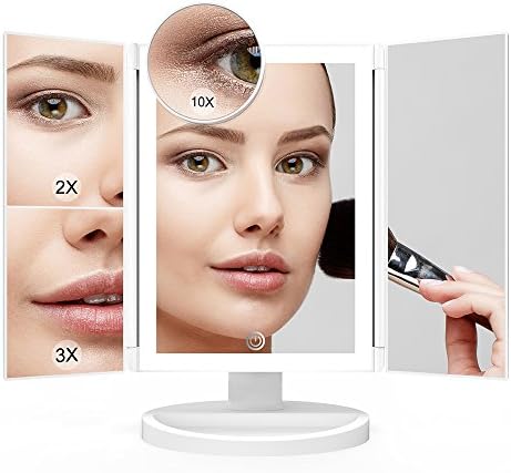 Makeup Mirror with lights, Ehomi 36 Bright LED Tri-fold Vanity Mirror, 10X 3X 2X 1X Magnifying Cosmetic Mirror, Touch Dimmer, 180° Rotatable, Portable Table Mirror, Battery &amp; USB Dual Powered, 3rd Gen