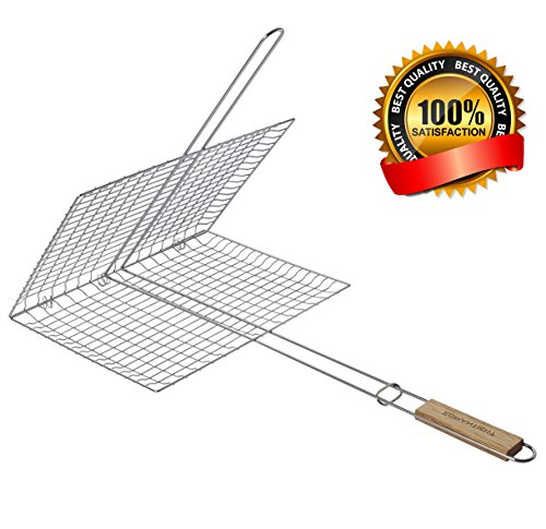 Extra Large Grilling Surface - Extra long Wood Handle - Stainless Steel BBQ Grilling Basket for Roast fish Vegetable Shrimp Fruit Meat Seafood - Best Barbecue Wok Topper Accessories Gift for Dad - Thumbnail 7