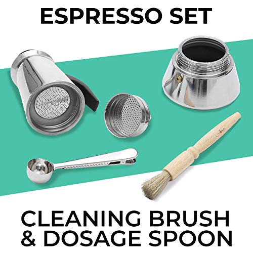 Cosumy Espressokocher Induktion geeignet - 6 Tassen - Edelstahl - Set mit Dosierlöffel und Bürste - 300 ml – Bild 4