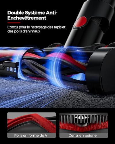 VACTechPro Cordless Vacuum Cleaner 55KPa/600W, 70 Min Autonomy, Cordless Vacuum Cleaner with 1.6L Dust Tank, 8 Layer Filtration, Anti-Tangle Floor Brush, Purple and Red