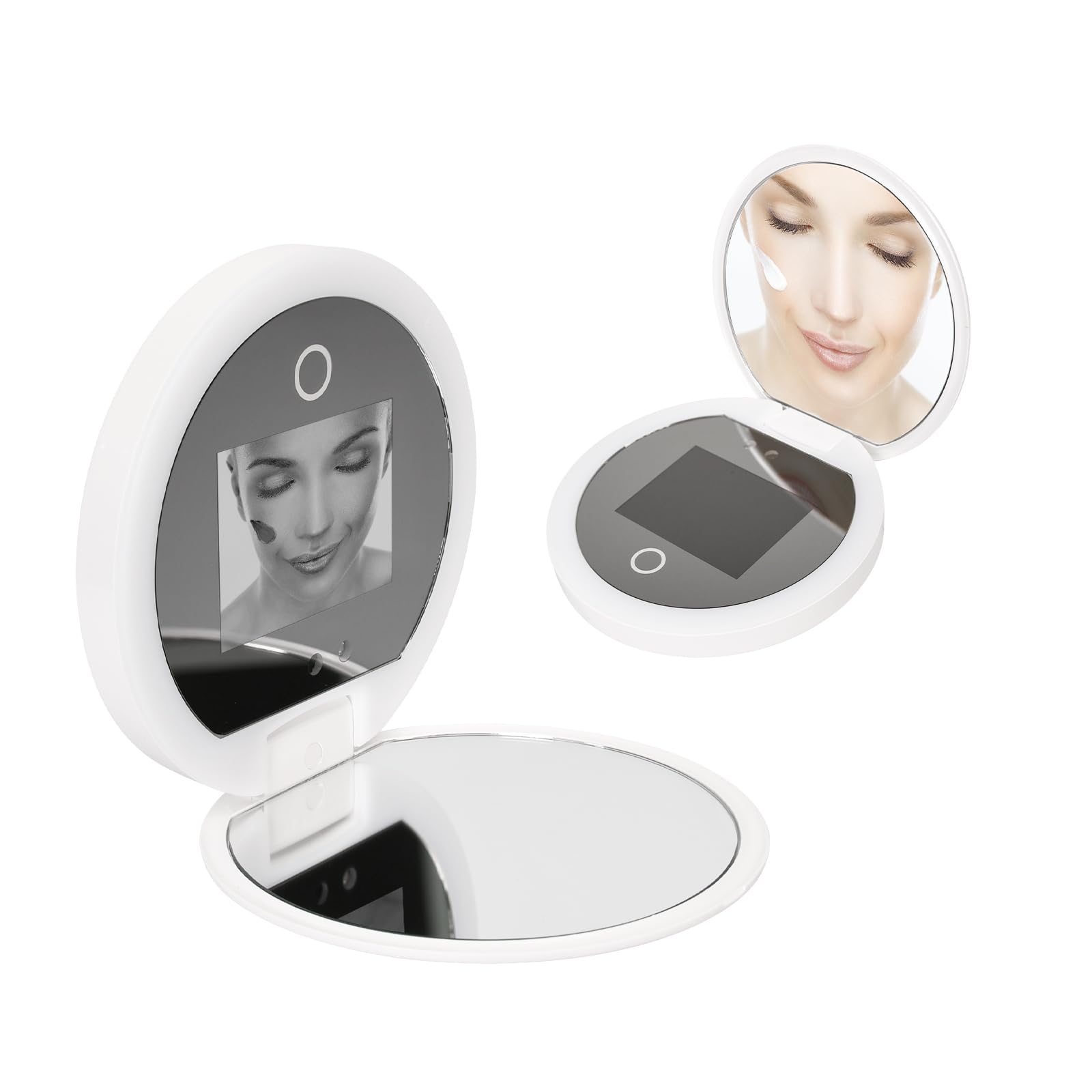 Pumwoy Compact Mirror with UV Camera, Travel Mirror Lighted Makeup Mirror 1.2x Magnification, Adjustable Brightness, Tabletop Mount, Cosmetic Mirror, 9.7L x 9.7W cm, White