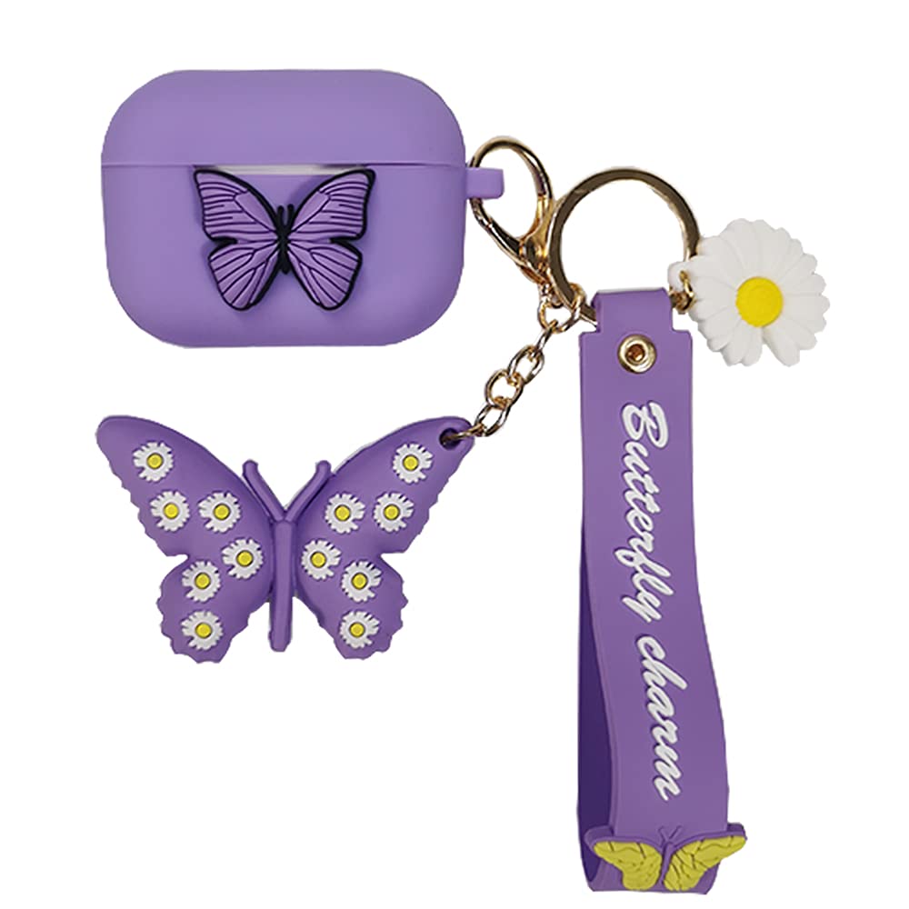Compatible with AirPods Pro Case Butterfly, Kids Teens Girls Boys Women Protective Silicone Skin for AirPod 3 Case, Funny Kawaii Fashion Cartoon 3D Cute Butterfly Cover for AirPods Pro （Purple）