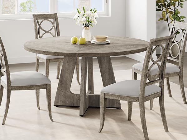 Photo 1 of IDEALHOUSE 47" Round Dining Table Set for 4 to 6, Farmhouse Kitchen Table with Wooden Top and Pedestal Base, Circle Dinner Table for Dining Room, Kitchen Room - Grey (No Chairs)