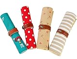 iSuperb? Cute Stationary Bag 4PCS Differently-colored Pouches Canvas Roll-up Pencil Bag Case Cosmetics Bag Pouch for Students Girls Boys (4 PCS Cartoon Roll-up Pencil Bag)