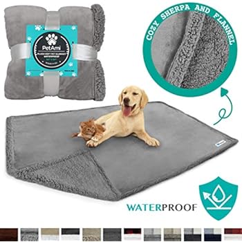PetAmi WATERPROOF Dog Blanket for Bed, Couch, Sofa | Waterproof Dog Bed Cover for Large Dogs Puppies | Grey Sherpa Fleece Pet Blanket Furniture Protector | Reversible Microfiber | 80 x 55 (Light Grey)