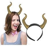 Dragon Devil Horns Headband Gold Cosplay Horn Hair Hoop, Gothic Beauty Halloween Dress Up Hair Accessories Maleficent Hairdress for Halloween Party Costume Hair Accessory