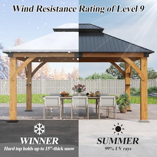 COVERONICS 13’x 15’ Outdoor Spruce Wood Gazebo - Patio Hardtop Gazebo Permanent Wooden Pavilion with 2 Shelves, Galvanized Steel Double Roof Wooden Gazebos for Garden, Porch, Lawn, Poolside, Backyard