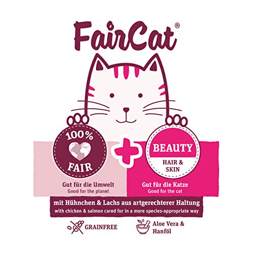 Green Petfood FairCat Beauty (16 x 85 g), getreidefreies Katzenfutter, Katzennassfutter mit Tierwohl-Hühnchen und Lachs aus artgerechter Haltung, Katzenfutter mit Hanföl für schönes Fell, 16er Pack – Bild 5