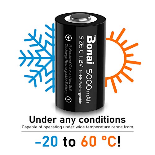 BONAI C Rechargeable Batteries 5000mAh Prerecharge, 1.2v NI-MH 4 Pieces C Rechargeable Battery, Rechargeable Batteries Type C / R14 / LR14