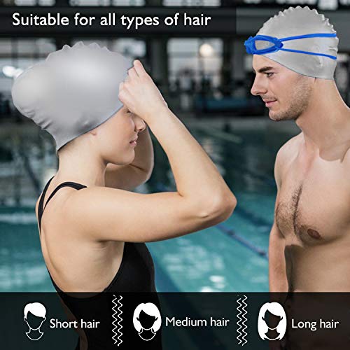 TOPLUS Swim Cap Women, Silicone Swimming Caps for Women Swim Caps for Long Hair Swim Cap Girls - 3D Ergonomic Design Comfortable and Durable Comes with Nose Clip & Ear Plugs - Gray - Thumbnail 5