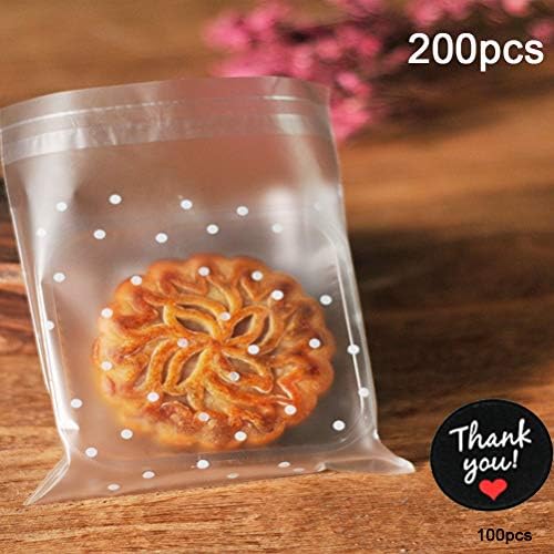 200pcs Resealable Cellophane Bags, Resealable Plastic Bags, Self Sealing Cello Bags - with 1" Inch Round Thank You Stickers (100pcs) - for Bakery, Candle, Soap, Cookie Poly Bags - 4x4 inch