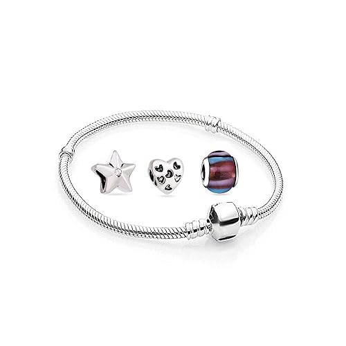 Damen Charms Herz Beads Set 1 Armband und 3 Anhänger Starter Angebot Zirkonia Murano Glas bettel Pandora Style Bead kompatibe