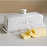 WERTIOO Butter Dish With Lid for Countertop,Butter Tray,Ceramic-White | Butter Holder Textured Tray Butter Keeper for Non Slip Dishwasher Microwave Safe Elegant Kitchen Storage