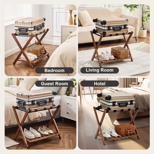 Folding Luggage Rack, Bamboo Suitcase Stand for Guest Room, Luggage Holder with Shoe Storage Shelf for Bedroom, Guest Room, Hotel, 68*45*55CM Brown