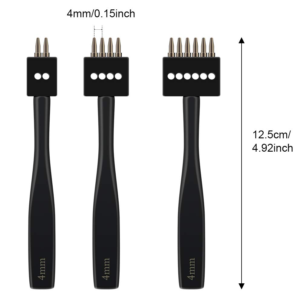 DIUDUS Prong Punch, Black Leather Punch Tool 4mm, 2/4/6 Lacing Stitching Punch, Round Hole Prong Stitching Chisel Set Leather Working Tools for Leathercraft