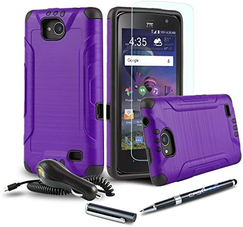 [ZTE Majesty Pro] Case [Bundle][Brushed Series][Purple] Hybrid Phone Cover [Dual Layer][Shockproof] with Car Charger, Screen Protector and CaselandUSA 2-in-1 Ball/Stylus Pen (Purple)