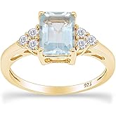 Solitaire Ring for Women 8X6MM Emerald Cut Simulated Blue Aquamarine with White Topaz Engagement Ring in 14K Gold Plated 925 Sterling Silver Jewelry Gift for Her