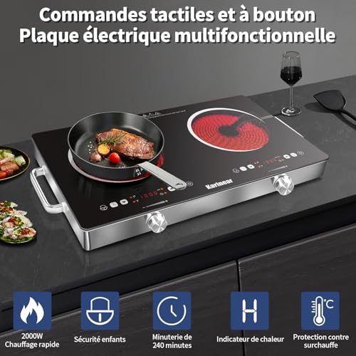 Karinear Portable 2-Burner Ceramic Hob with Handle, Electric Camping Hob, 650°C Max, 2 Burners with VDE Socket, Child Safety, Residual Heat Indicator, 220-240V