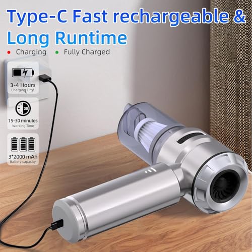 Semflagree Mini Portable Car Vacuum Cordless, 23000PA Powerful Strong Cyclonic Suction USB Rechargeable Foldable Handheld Vacuum with One-touch Dust Removal Cleaner for Car, Home, Office, Kitchen