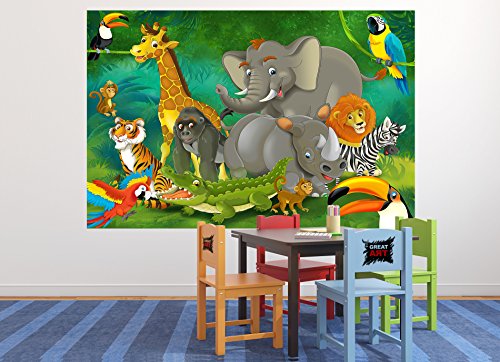 Wall Mural Kid’s Room Jungle Animals Mural Decoration Jungle Animals Zoo Nature Safari Adventure Tiger Lion Elephant Monkey I paperhanging Wallpaper poster wall decor by GREAT ART (82.7x55 Inch)