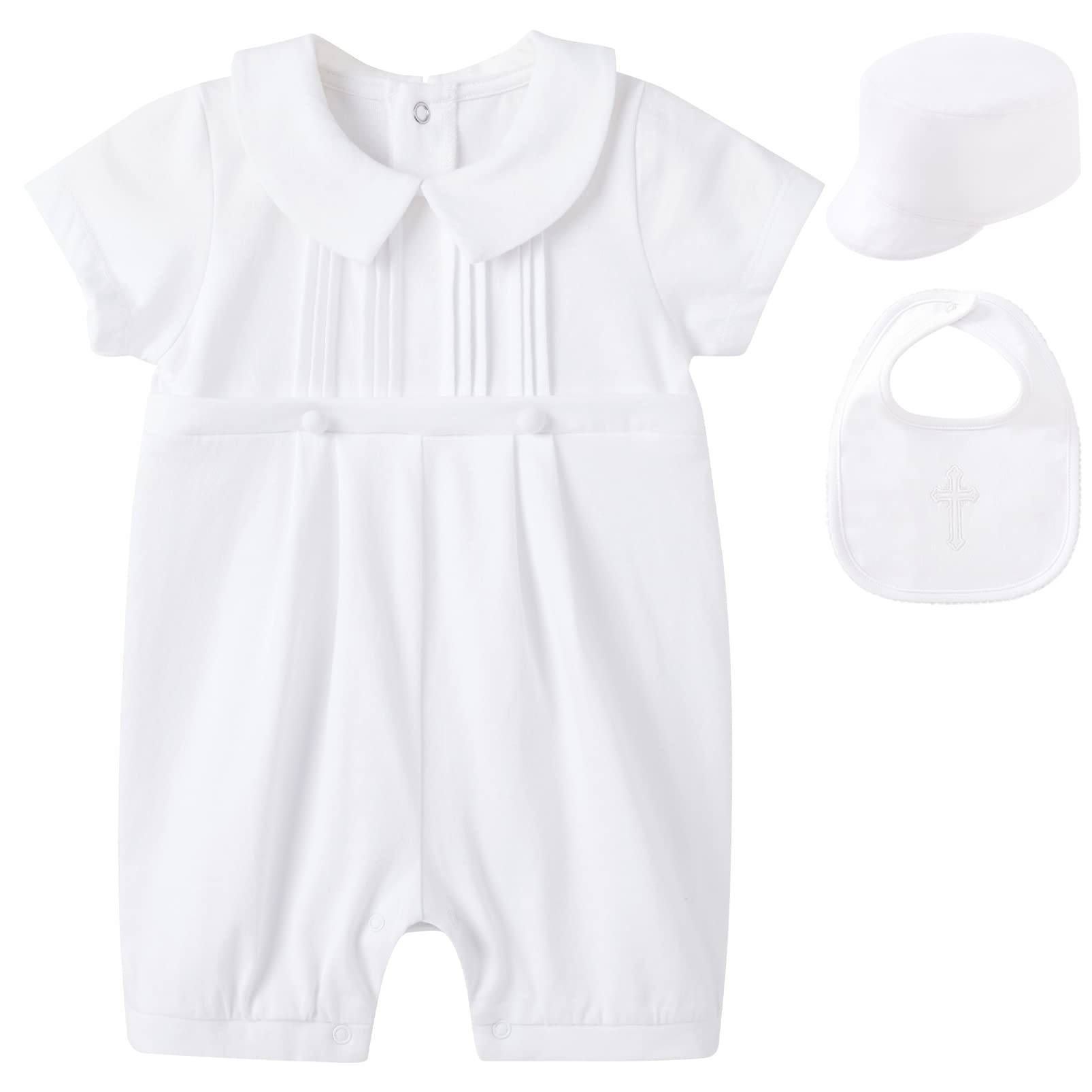 Photo 1 of pureborn Baby Boys Baptism Outfits Short Sleeve Romper with Bonnet and bib Cotton Christening Clothing White 6-9 Months White