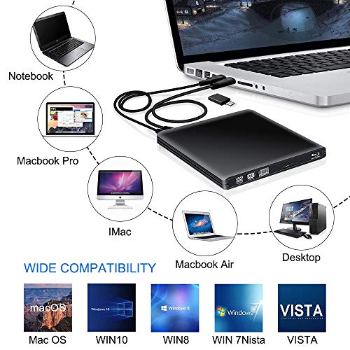 External Blu Ray DVD Drive 3D, USB 3.0 Typc C Portable Bluray DVD CD