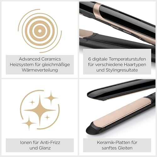 Super Smooth Glätteisen – Anti-Frizz Ionen-Technologie, Hitzeschutzmatte, fortschrittliche Keramikplatten, schnelles Aufheizen, 6 Temperaturstufen von 140°C bis 235°C, ST393E