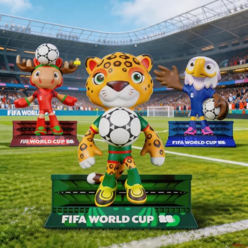 Sanyetral FIFA 2026 Copa Mundial Oficial Licenciada Conjunto de Figurinas de Mascotas de 3 con Caja de Exhibición (Arce, Zayu y Clutch), Figura de Modelo de Mercancía Oficial para Coleccionistas