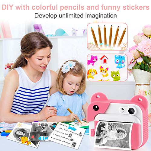 PROGRACE Instant Print Camera for Kids, Kids Instant Camera for Travel Learning Birthday Gift, Portable Digital Creative Print Camera for Girls Zero Ink Kids Camera Toy with Print Paper(Pink)