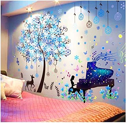 SHAREPARK Romantic Sika Deer Wall Decal Forest Fantasy Piano Snowflake Vinyl Sticker Christmas Decor Removable Watterproof Wall Sticker Decor (DIY 2 in 1 Very Large Size) (Fantasy Piano Snowflake)