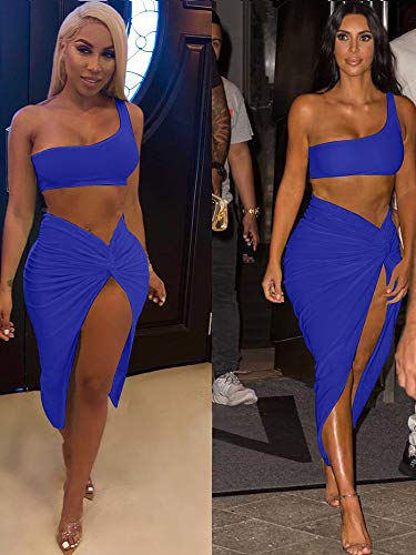 BEAGIMEG Women's Sexy One Shoulder Long Bodycon Slit Skirt 2 Pieces Dress Royal Blue - Thumbnail 7