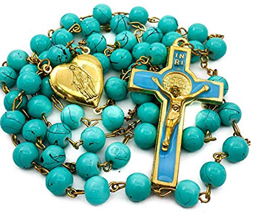 Nazareth Store Light Blue Rosary Glass Beads Catholic Necklace St Benedict Chaplet Heart Locket Medal with Cross Religious Amulet for Women and Men - Velvet Bag
