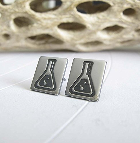 Science geek earrings labratory flask beaker sterling silver post studs. Handmade in the USA