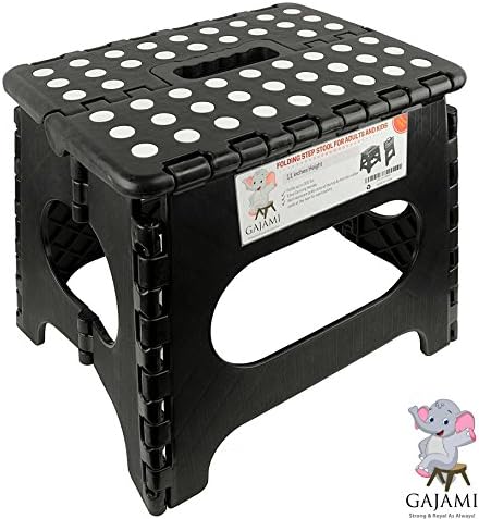Gajami Folding Step Stool - Strong and Sturdy for Adults, Kids and Toddlers – 11 Inch Height, Holds up to 300 lb, Light weight with Handle, Safe Non Slip, Portable and Easy Storage, Black