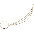 Efulgenz Indian Jewelry Kundan Crystal Nose Ring Hoop Pin Stud Fake Septum Ring with Chain Nose to Ear Chain Non Piercing Body Jewelry, Metal, not known