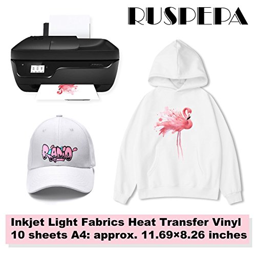 RUSPEPA 11.69 x 8.26 inches Inkjet Printable Transfer Paper Iron-On Light Fabrics Heat Transfer Vinyl A4 Sheet for T-shirts, Bag, Hats and Clothes, 10 Sheets