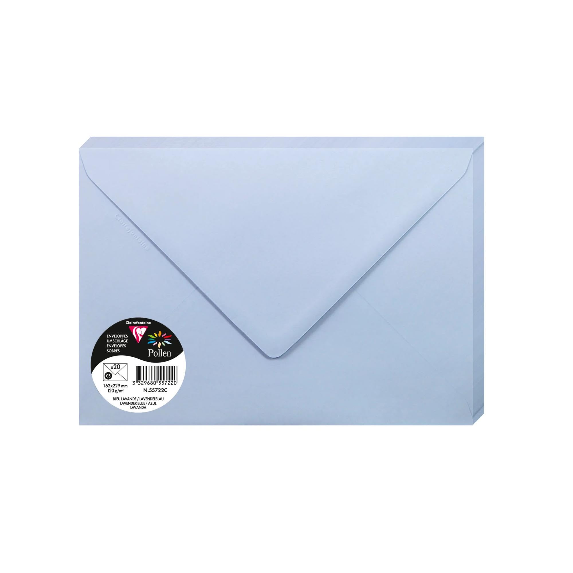 Clairefontaine 55722C Pack of 20 Gummed Envelopes C5 (16,2x22,9cm) 120gsm Lavender Blue Invitation Events Correspondence Pollen Range Premium Smooth Paper