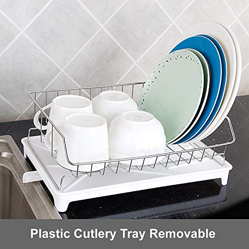 Dish Drying Rack, 304 Stainless Steel Over Sink Dish Drainer, Dish Racks with Drain Board Utensil Holder, Removable Plastic Cutlery Tray,Dish Rack in Sink or On Counter with Utensil Drying Rack