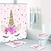 Boniboni 4 Piece Unicorn Shower Curtain Sets with Non Slip Rugs, Toilet Lid Cover and Bath Mat, Pink Unicorn Shower Curtain Waterproof with 12 Hooks for Girls Kids Bathroom