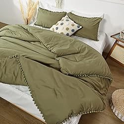 Smoofy Pom Fringe Comforter Set Queen Size Olive
