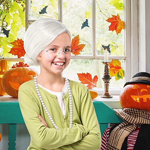 Costume Old Lady Wig, 3PCS Old Lady Cosplay Set Grandma Wig for Halloween Costume White