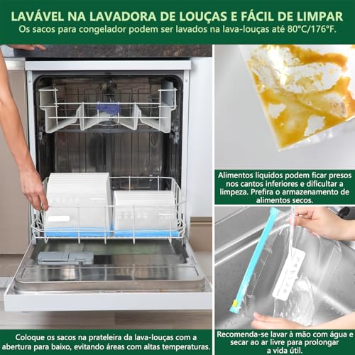 Saco Hermetico 90 Unidades Tamanho Médio, Saco Zip Para Congelar Armazenar e Organizar Alimentos, 23cm x 15cm, com Zip Abre e Fecha, Reutilizável, Livre de BPA, Saquinho Para Congelador