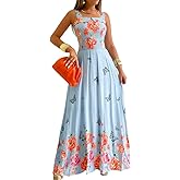 CHICME Women’s Floral Butterfly Print Linen Maxi Dress Quare Neck Strap Shirred Bodice Flowy Boho Summer Beach Dress