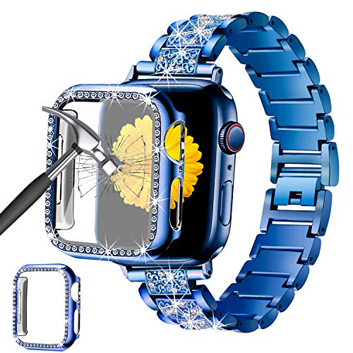 Mesime Compatible for Apple Watch Band 38mm 40mm 42mm 44mm with Screen Protector Case, Jewelry Replacement Metal Band & 2-pack Bling Full Cover Protective Case for iWatch Series 6/5/4/3/2/1(Blue)